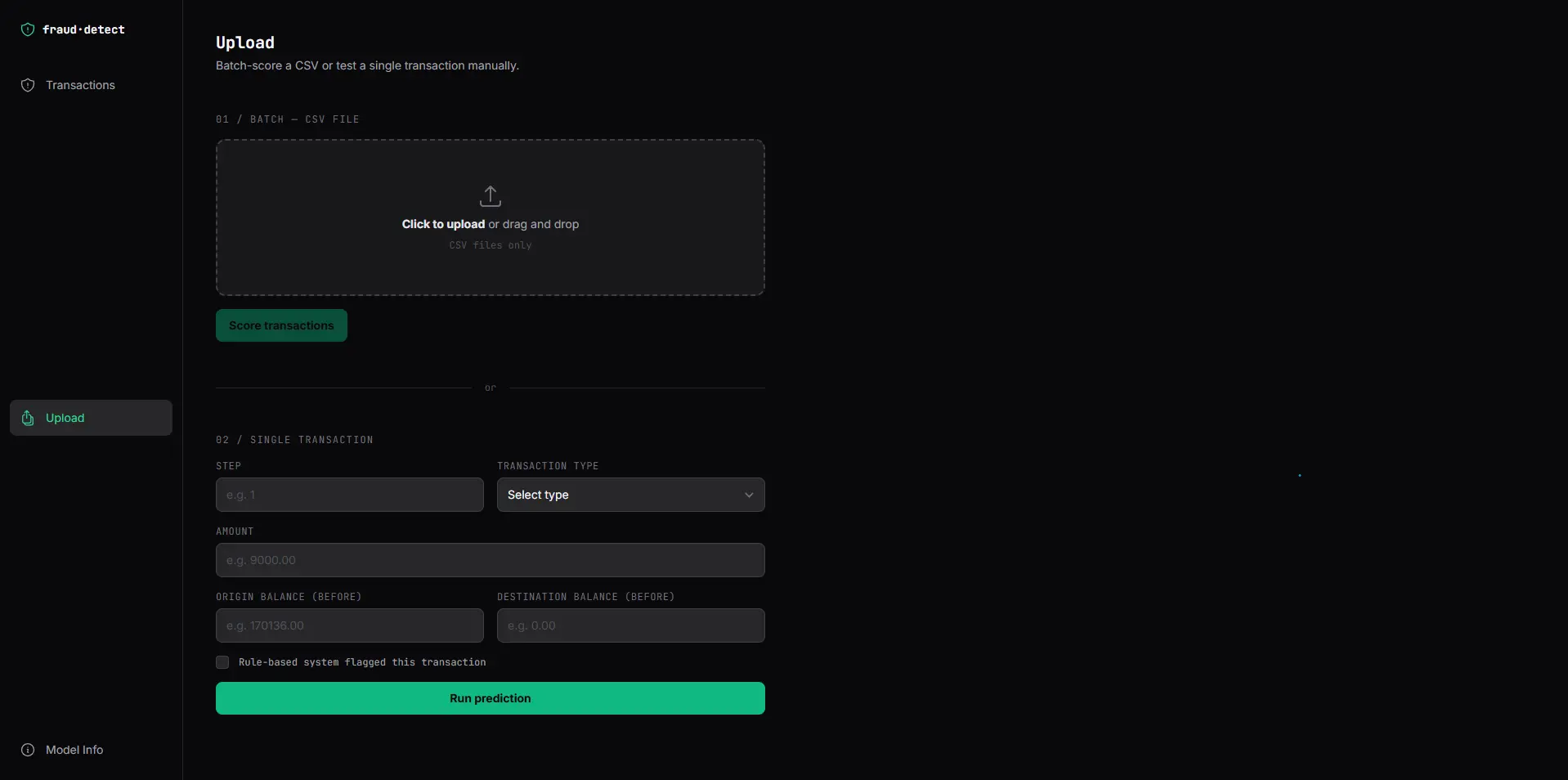 Upload page — batch CSV upload and single transaction form
